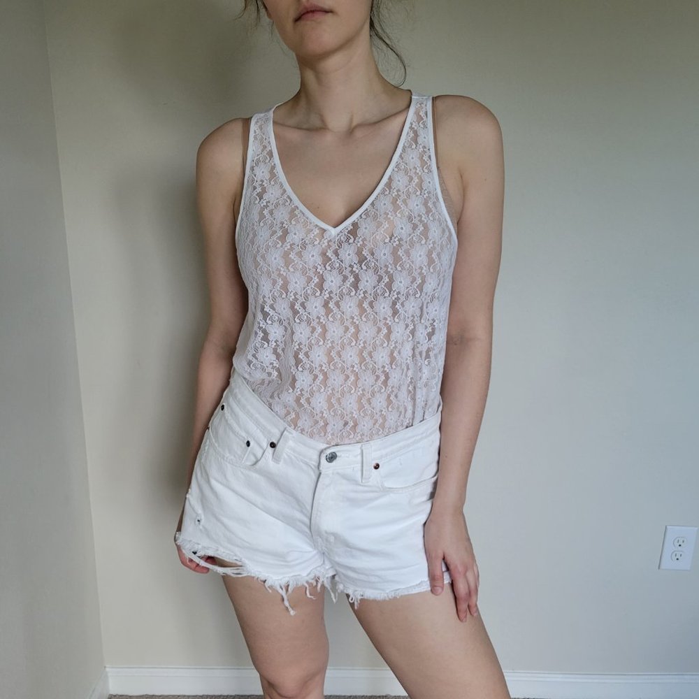 Sheer Sleeveless V-Neck Top w/ Lace Detail